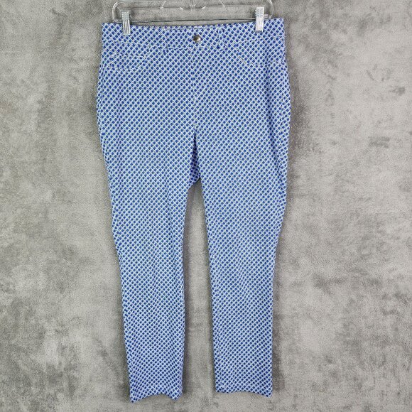Women's Blue & White Rafaella Comfort Geometric Patterned Pants Stretch Size 10 - Picture 2 of 13